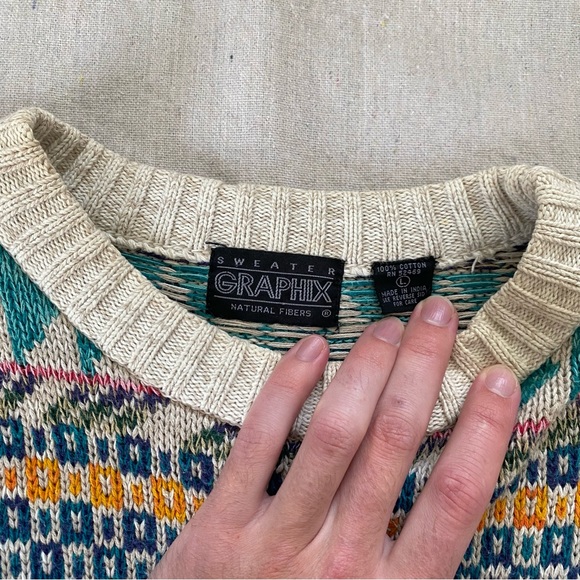 Men’s Vintage Sweater Graphix Aztec Western Crew Neck 100% cotton Sz Large - Picture 6 of 7